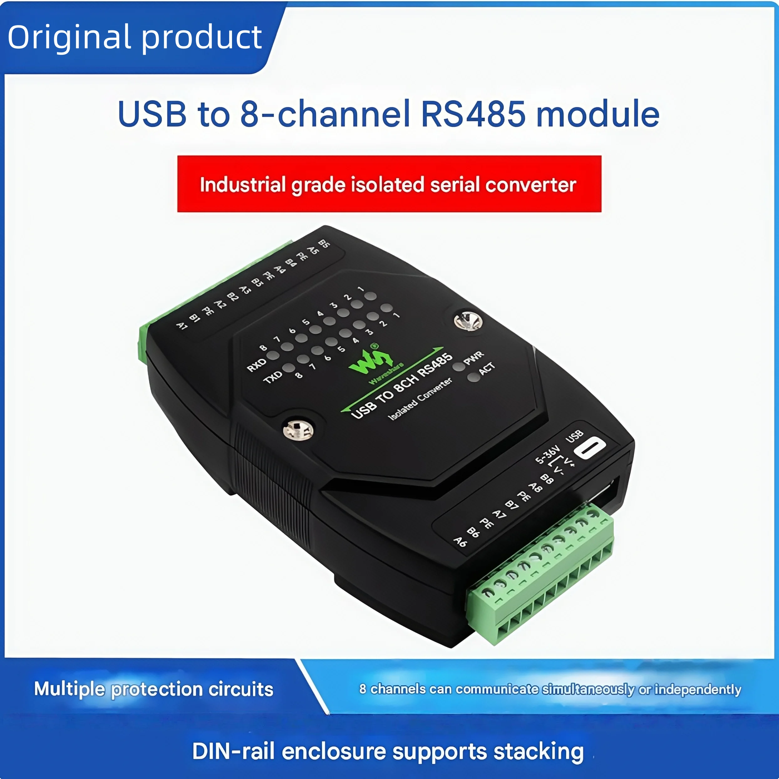 Industrial grade isolated USB to 8-way RS485 interface converter Multi-system compatible Support stacking