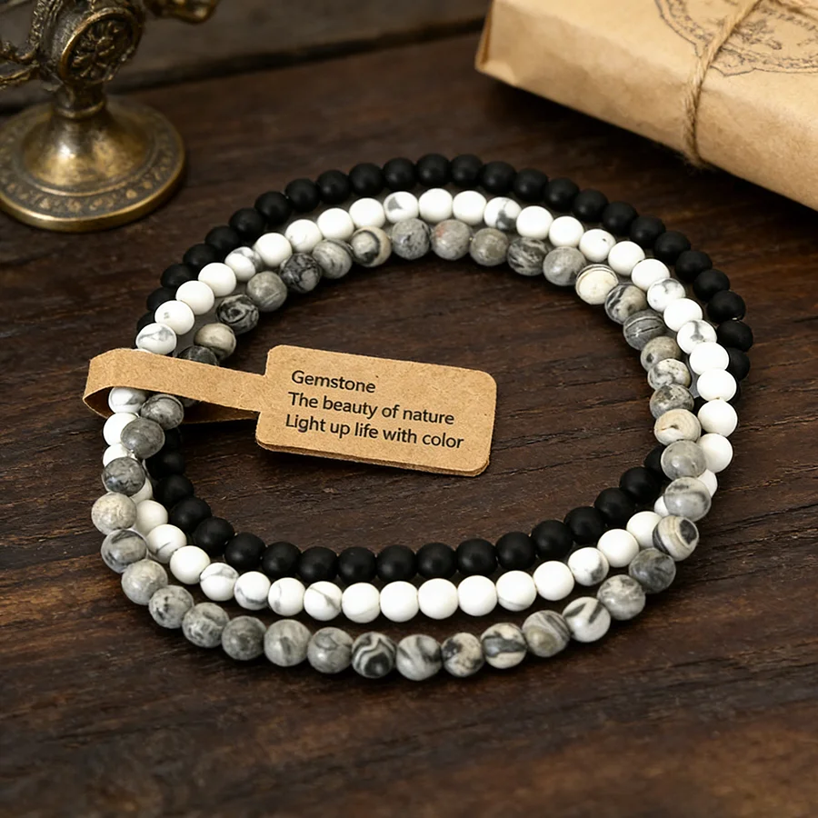 Premium 3Pcs/Set 4mm Stone Beads Bracelet Men Grade A Howlite Malachite Matte Beaded Energy Braslet Business Charm Gift For Him