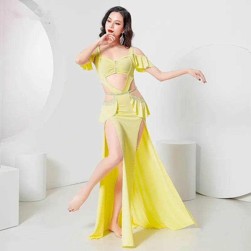 Belly Dance Costume 2 Piece Baladi Dress Women  Set French Sexy Elegant Ruffle Sleeve Top Sexy Side Split Skirt Long Cream New