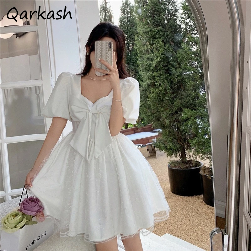 

Bow Slim Waist Dresses Women Lace Mesh Designed Summer Short Puff Sleeve Princess Sweet Korean Youthful Popular Fairycore Ins