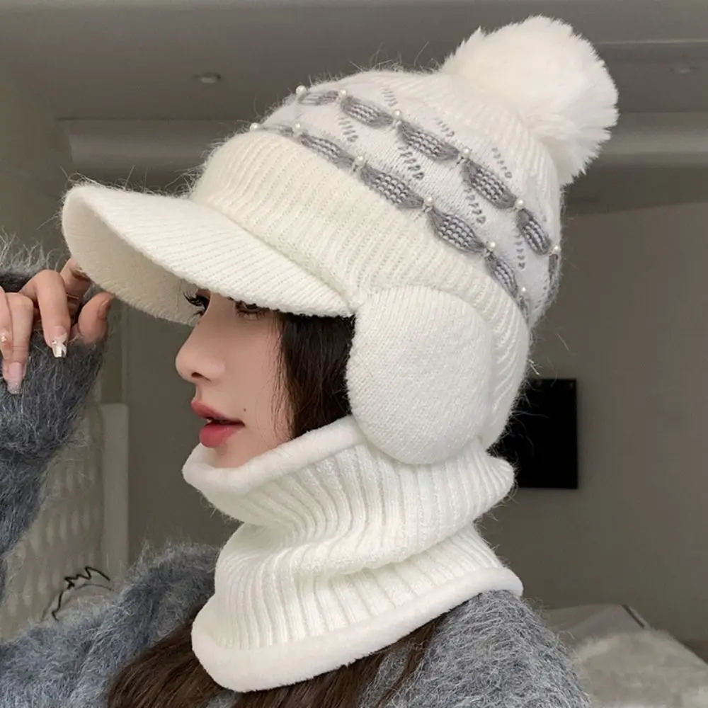 Cold-proof Beanie Hat Scarf Set Windproof Duck Bill Woolen Hat Beanies Caps Thicken Plus Velvet Scarf Warm Knit Hat