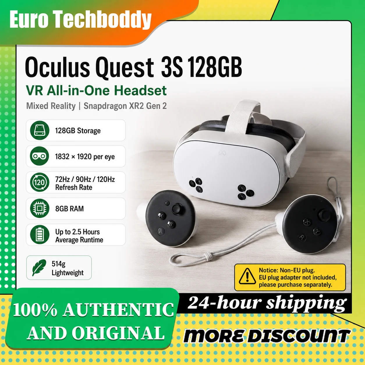 Oculus Quest 3S 128GB/256GB : Casque de réalité virtuelle sans fil tout-en-un avec processeur XR2 Gen 2 et suivi des mains à 120 Hz