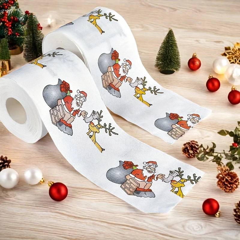 1 Roll Christmas Themed Toilet Paper Santa Reindeer Sleigh Print Dye‑Free Wood Pulp Festive Bathroom Tissue for Home Office RV Xmas Holiday Decoration Supplies