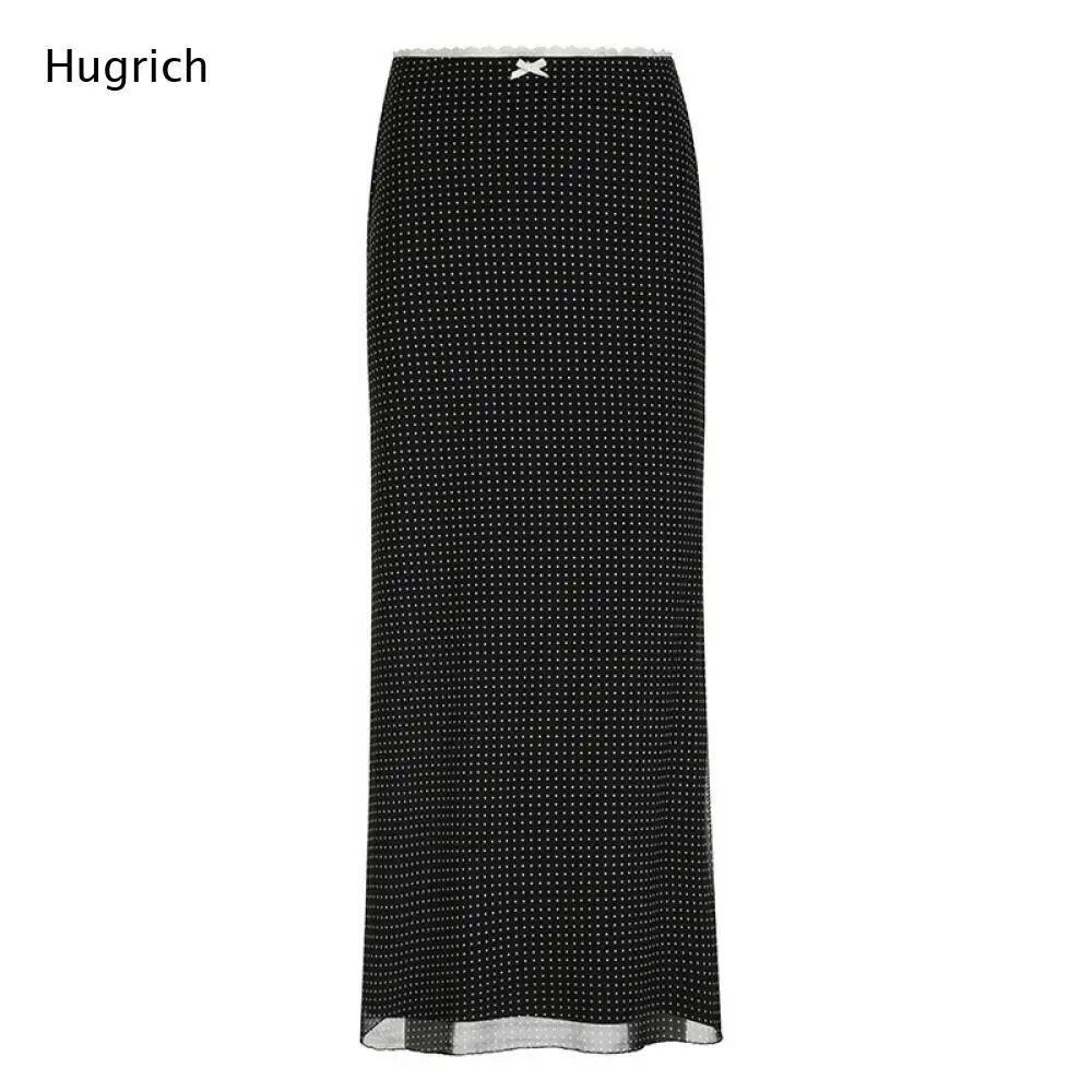 Black Base White Polka Dot Bodycon Midi Skirt Lace Trim Waist With Bow Double Layer Flowy Chiffon Women Casual Skirt