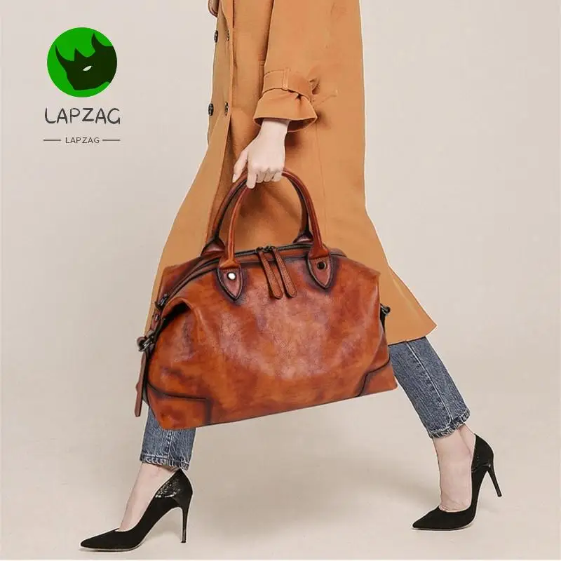 Lapzag Huge Woman's Travel bag Genuine Leather Handbag Boston Bags Coffee/brown Cowhide Large Capacity Shoulder Bags  For female