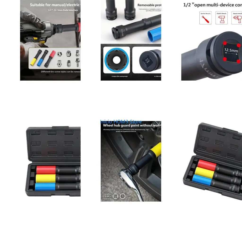 A5YD Portable Pack of 3 Steel 12.5mm Drive Socket Set for Auto Repair Professionals