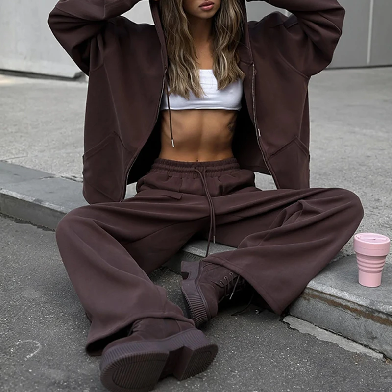 BKLD Women Drawstring Hem Hooded Zipper Jacket And Big Pockets Sweatpants Casual Jogging Sports Suit Fashion High Street Clothes