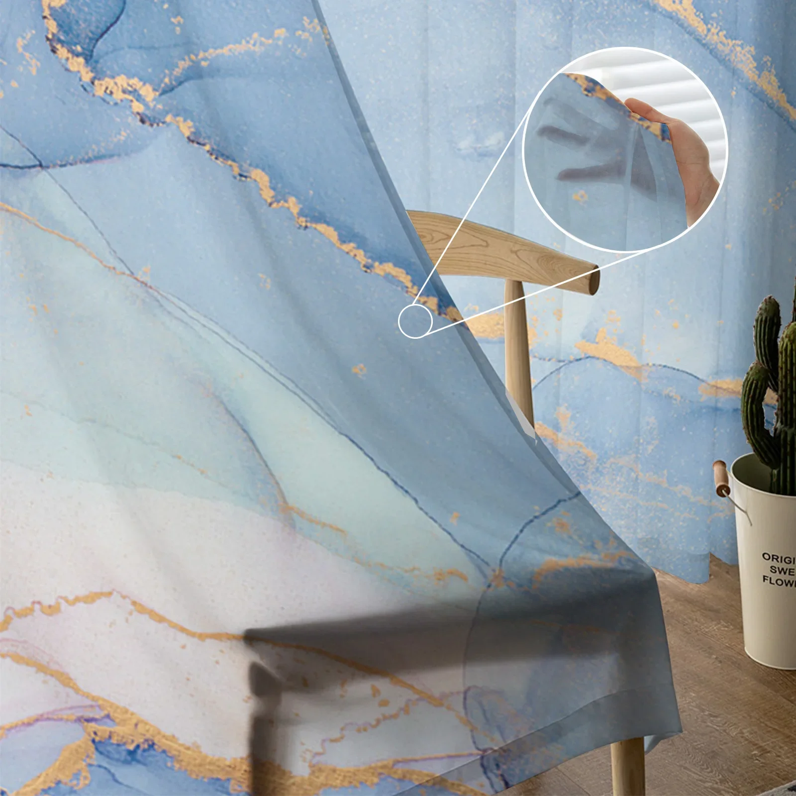 Marble Blue Ocean Curtains For Living Room Transparent Tulle Window Curtain Bedroom Decor Veil Drape