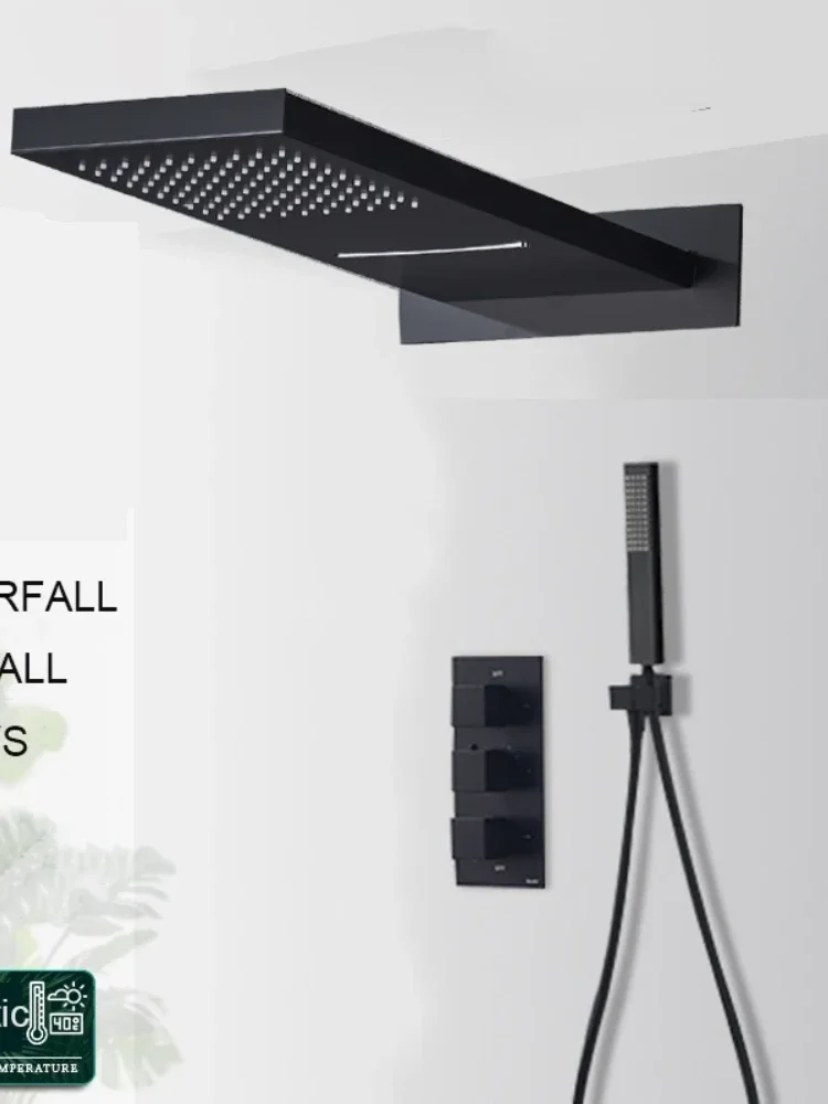 Matte Black  Rain Waterfall Shower Set Thermostatic Mixer Bath Shower Mixer Tap 3 ways Shower Faucet Wall Mounted