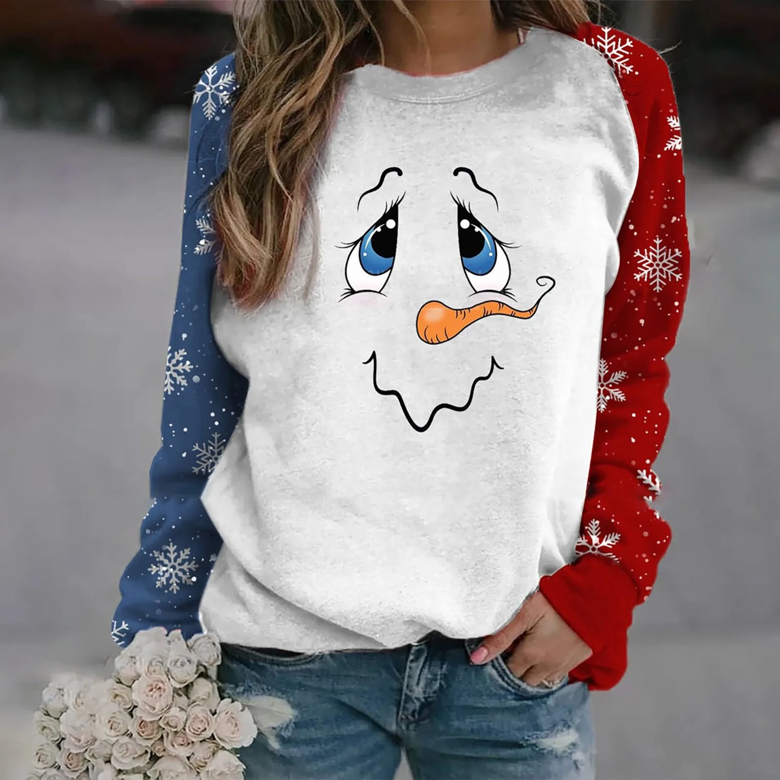 Fall Winter Women\'s Christmas Pullover Fashion Casual Christmas Print Ladies Round Neck Sweater Pullover Top