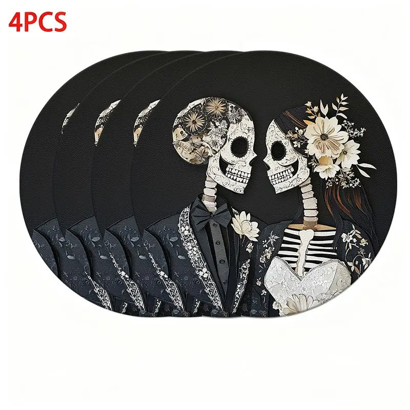 VIKAMA Retro Flower Wedding Skeleton Couple Meal Mat Thermal Insulation Fabric Table Mat Day of the Dead Gothic Mat Table Decor