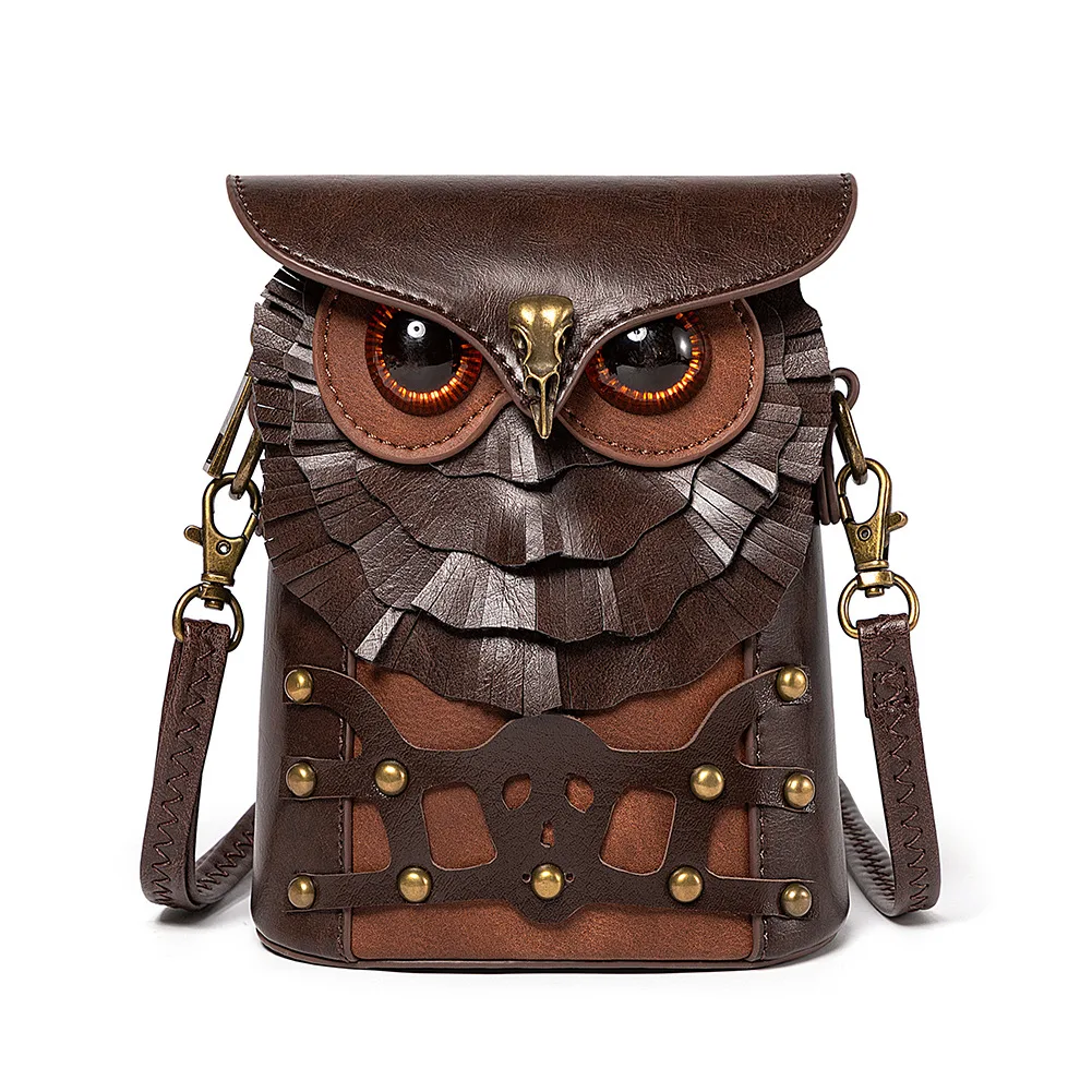 Cool Steampunk Women\'s Shoulder Bag Fashion Owl Purses Mini Cross Bag Mobile Phone Bag Pendant Ladies Zipper Mini Messenger Bag