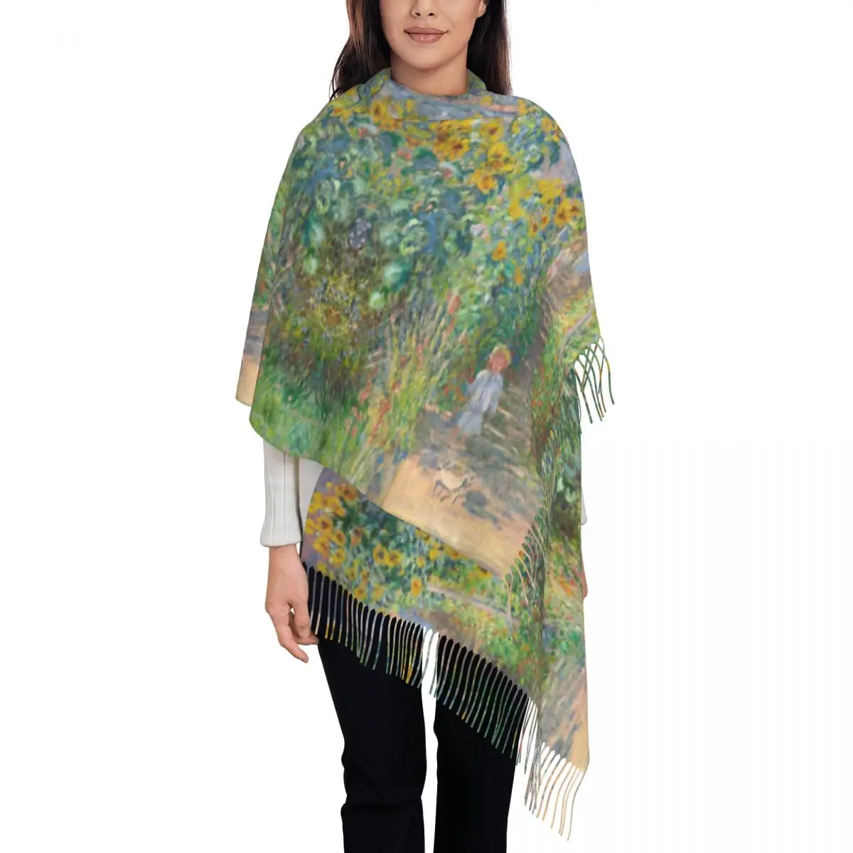 Stylish The Artist's Garden At Giverny Tassel Scarf Women Winter Fall Warm Shawl Wrap Female Claude Monet Painting Scarves