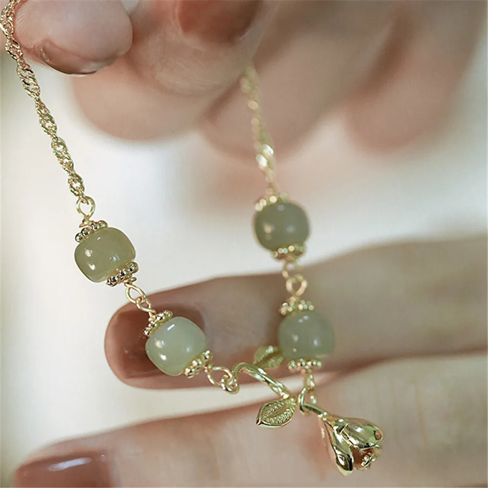 

Natural Hetian Jade Chain Female Bracelet Ins Niche Design Trendy Adjustable Cute Rose Flower Gold Filled Jewelry Birthday Gift