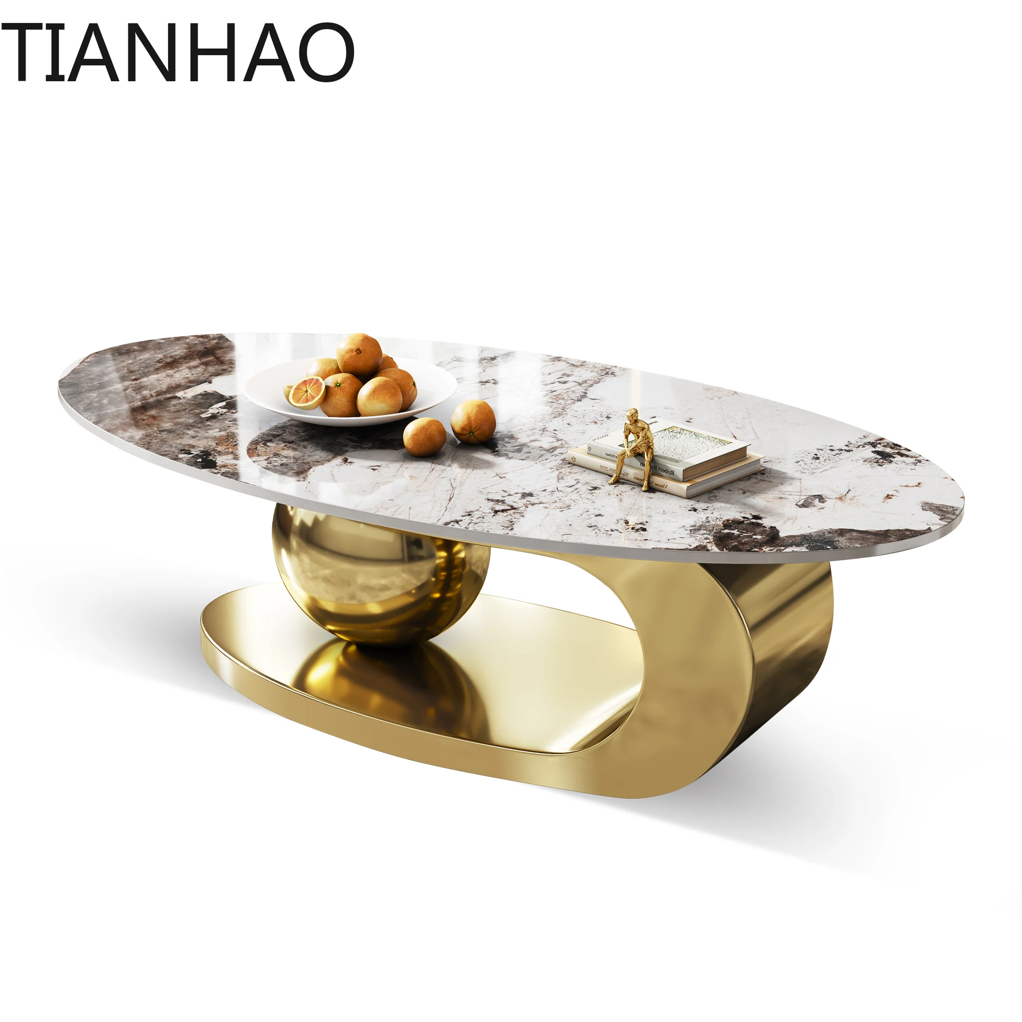Modern Exquisite Oval Marble Coffee Table with Abstract Gold Metal Base Stylish Home Furniture for Living Room Centr