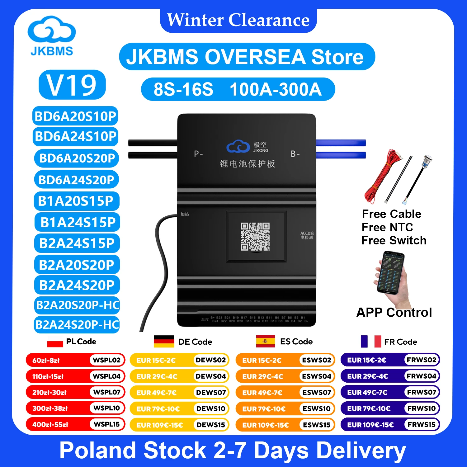 JKBMS V19 Versione Smart BMS 8S-24S BT RS485 Heat CAN 0.6A ~ 2A 20V-100V 100A ~ 200A Bilanciatore attivo per batteria LiFePo4 Li-ion Lto