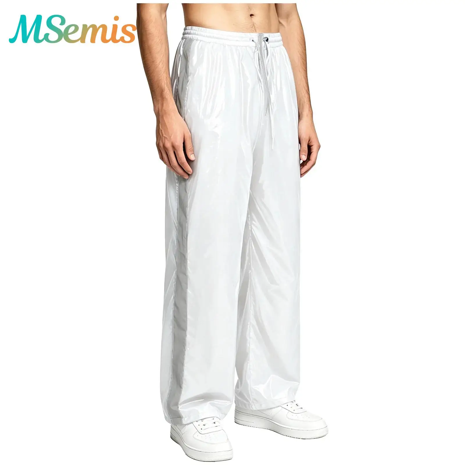 Pantalones Deportivos de Piel Sintética PU para Hombre, Impermeables, Brillantes, con Cierre Reflectante en la Entrepierna, con Franjas Reflectantes y Corte Recto