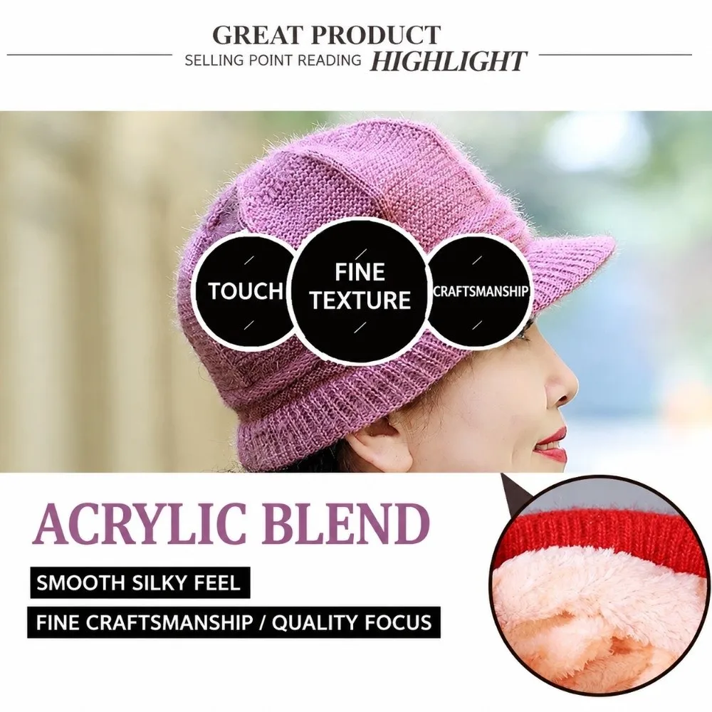 Fashion Thickened Knitted Wool Hat Fleece Lined Windproof Pumpkin Beret Hat Keep Warm Ear Protection Cap for Middle Aged Women