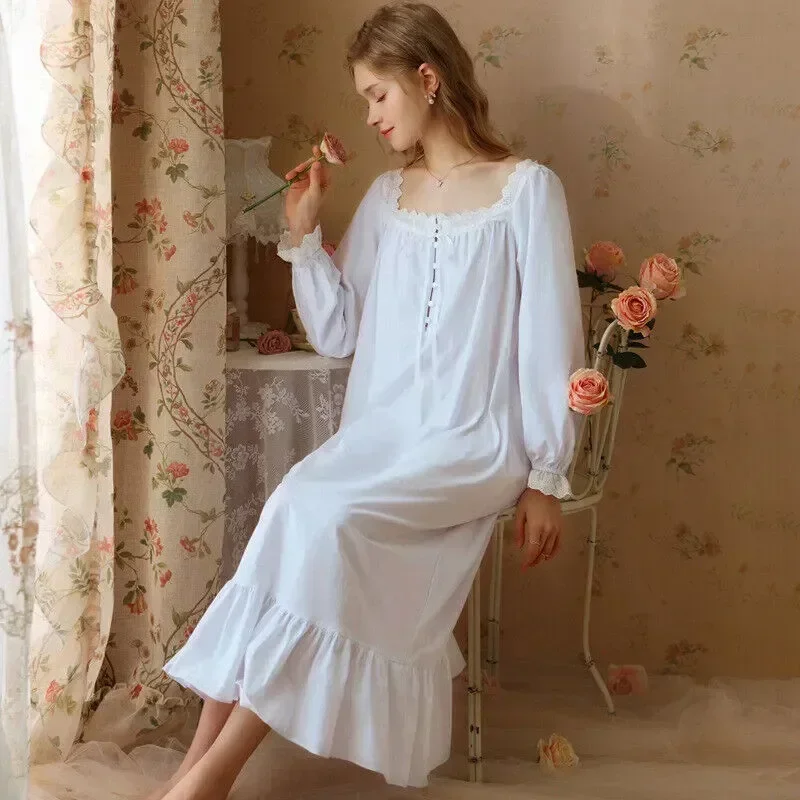 Nightdress Vintage Lace French Nightgown Breathable Pure New Tulle Women Cozy Sweet Cotton Soft Sleepwear Loose