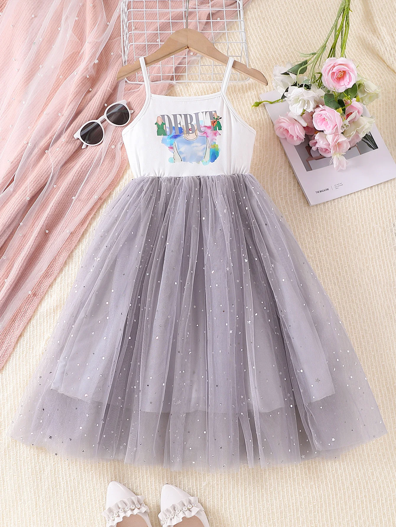 Summer Girls Dress Cartoon Print Sleeveless Tank Dress Starry Mesh Tutu Skirt Princess Party Outfits for Kids Clothes 3-10 Years
