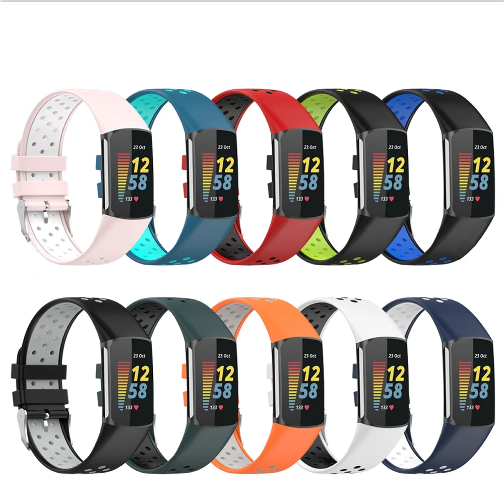 Pulseira de pulseira para Fitbit Charge 6 5, relógio inteligente, cor dupla, design de fivela de metal esportivo, pulseira, silicone premium