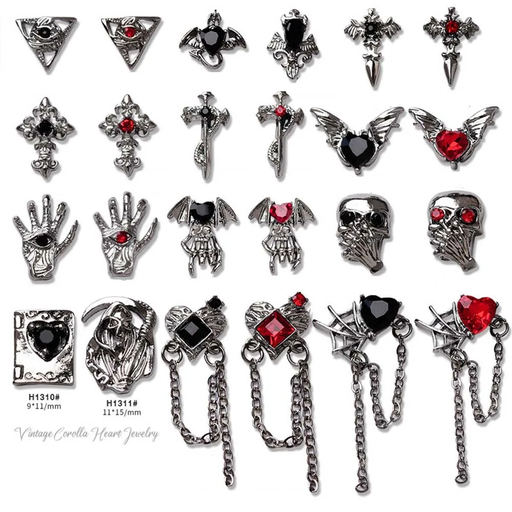 10 Stuks Gothic Punk Stijl Nail Art Bedels 3d Legering Hart Kruis Halloween Schedel Liefdesketting Hanger Nagel Diy Decoratie Accessoires