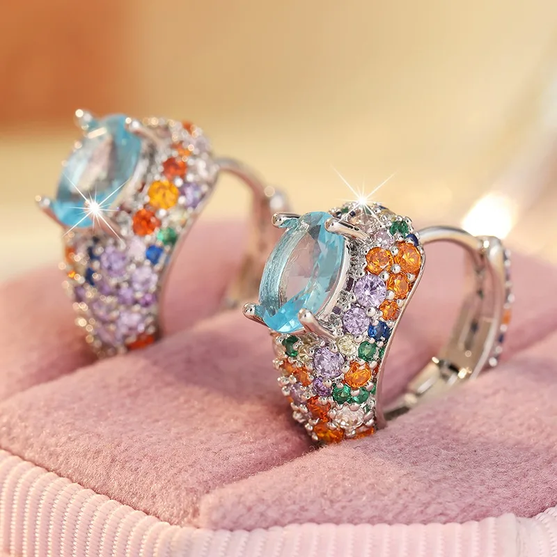 Ladies' Colorful Cubic Zircon Hoop Earrings Rainbow Surround Design Vacation Date Styling Earrings Fashion Jewelry Accessory