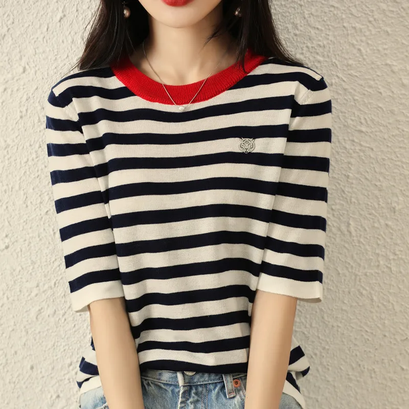 Cashmere Sweaters Short sleeve Women O-neck Striped Short sleeve Pullovers Women Sweater Cashmere