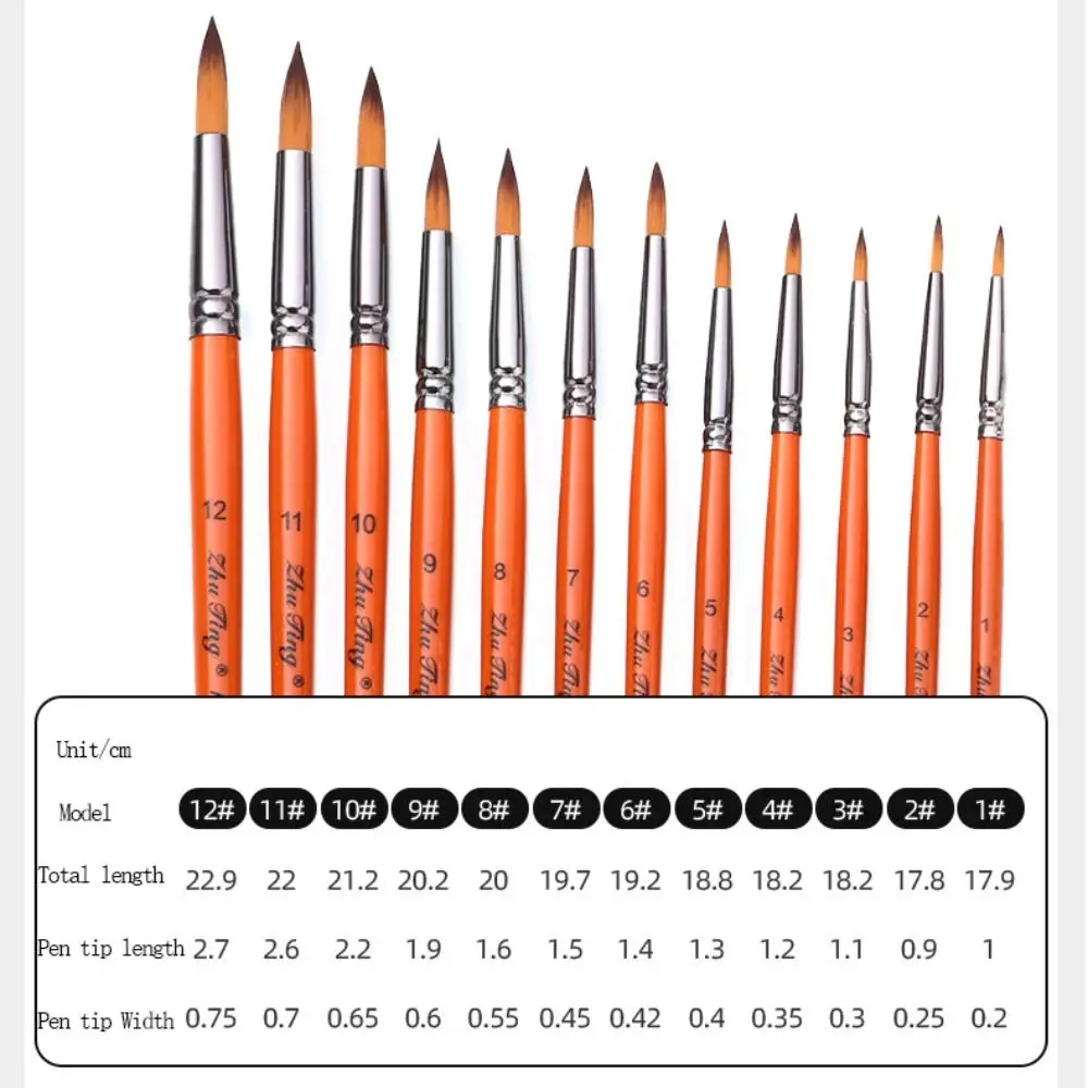 12pcs/set Multifunctional Painting Brush Set Nylon Professional Watercolor Drawing Brushes Orange Wooden Handle