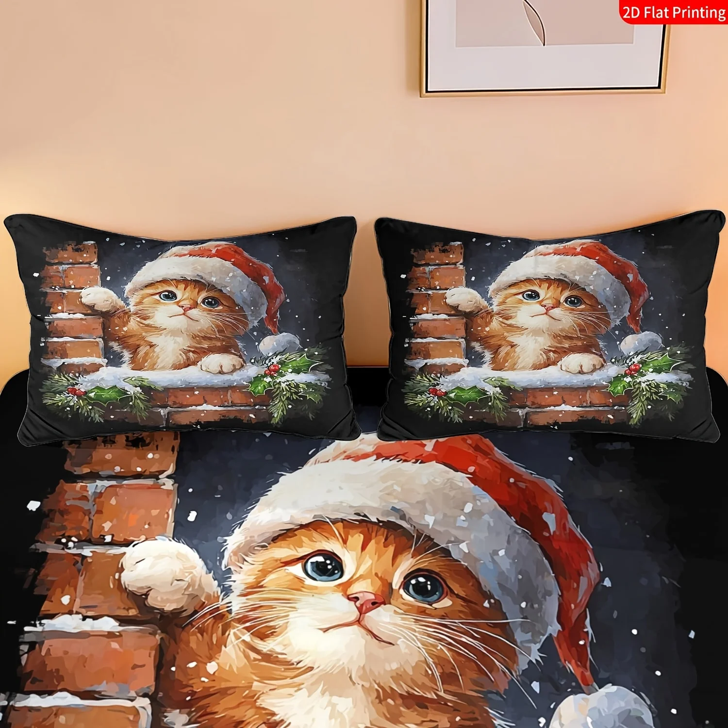 3-Piece Mattress Protector Set, 2D Flat Printed Fitted Sheet, Cute Christmas-Themed Bedding, Christmas Hat, Kitten, Chimney and Snowflake Patterns, Printed Fitted Sheet and Pillowcase, Mattress Protector, Stain-Resistant, Suitable for All Seasons, Machine Washable, Easy to Care For, Suitable for Home Bedroom, Essential for Dormitories and Rentals, Master Bedroom and Guest Room Decoration, Dust-Proof and Stain-Resistant, High Elasticity, Fits Various Sizes