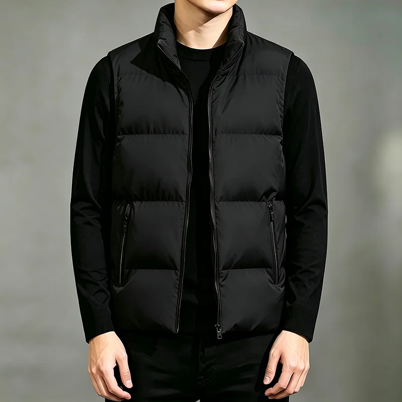 Men's Thickened Warm Vest Autumn Winter Solid Color Fashionable Casual Zippered Pockets Stand-Up Collar Sleeveless Jackets Vest