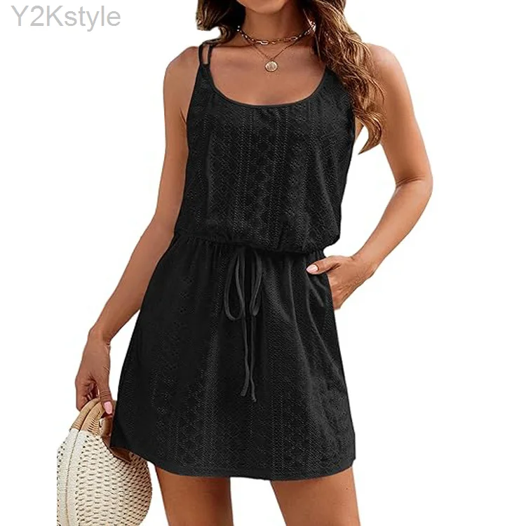 Drawstring Waist Mini Dress For Women Loose O-neck Short Sleeve Casual Beach Holiday Dress 2024 Summer Female Sundress