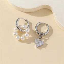Statement Minimalist Gold Silver Color Asymmetric Zircon Heart Pendant Hoop Earrings Street Style Elegant Fashion Jewelry