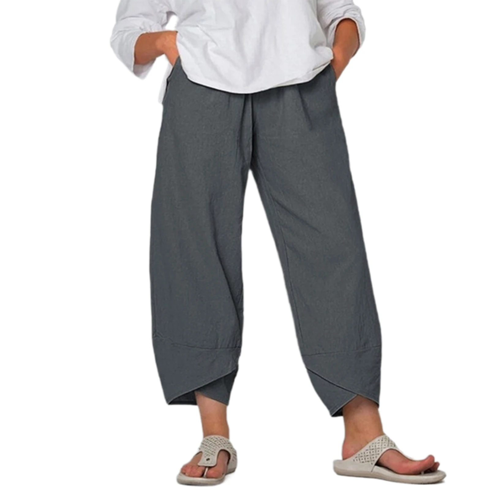 New Women Summer Ninth Pants Solid Color Middle Waist Loose Casual Trousers With Pockets For Girls 5 Colors S-5XL