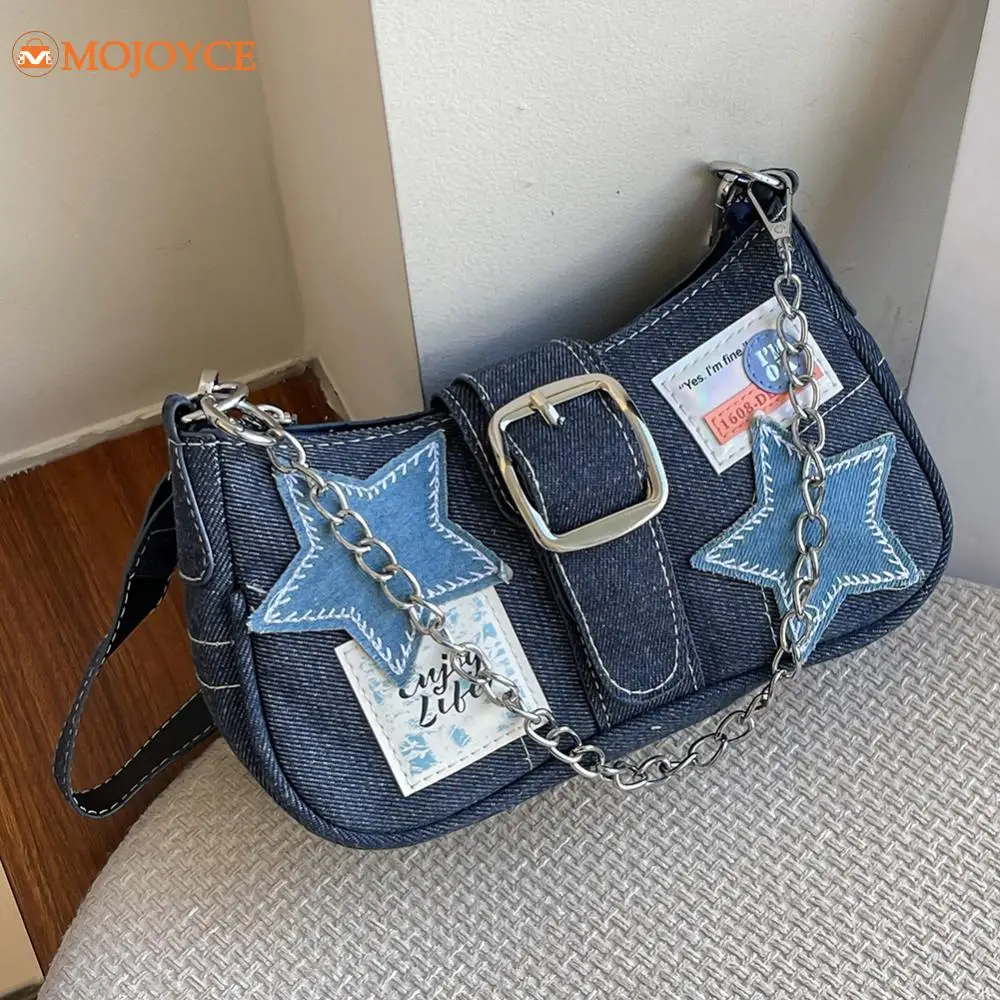 Euro-America Fashion Armpit Bag Y2K Star Pattern Small Handbag with Chain Girls Retro Denim Underarm Bag Cool Style Shoulder Bag