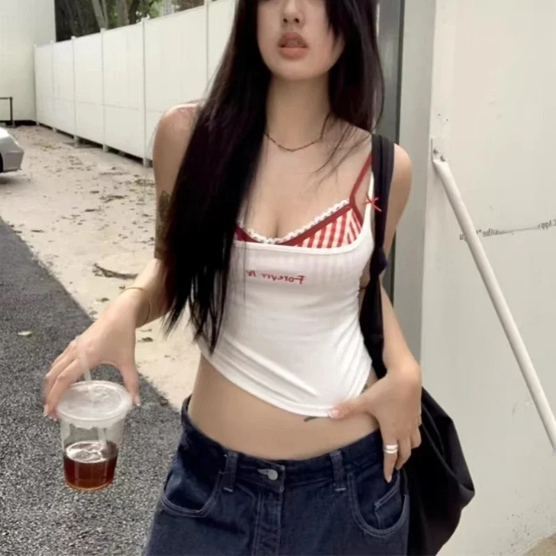 Summer 2000s Outwear Lace Plaid Corset Vest Two Pieces Hot Girls Sweet Spicy Slim Y2k Crop Top Casual Korean Fashion Camis Chic