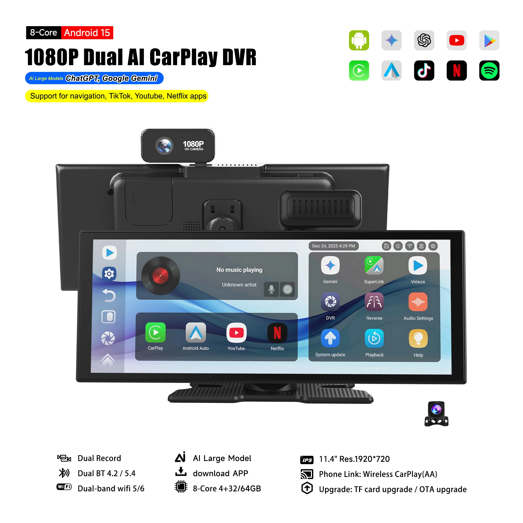 Android 15 System 11.26'' CarPlay Screen DVR Front And Back Camera Wireless Car Play & Android Auto Touch Car Multimedia Player