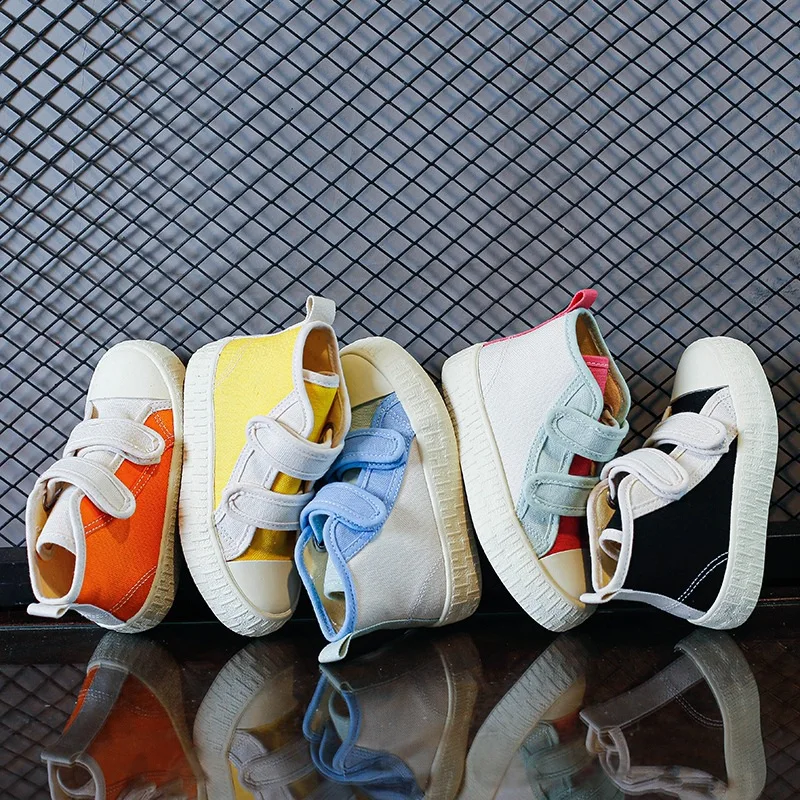 Children Canvas Shoes for Boys 2022 Spring Korean Style High-top Sneakers Hook & Loop Kids Fashion Casual Assorted Girls School