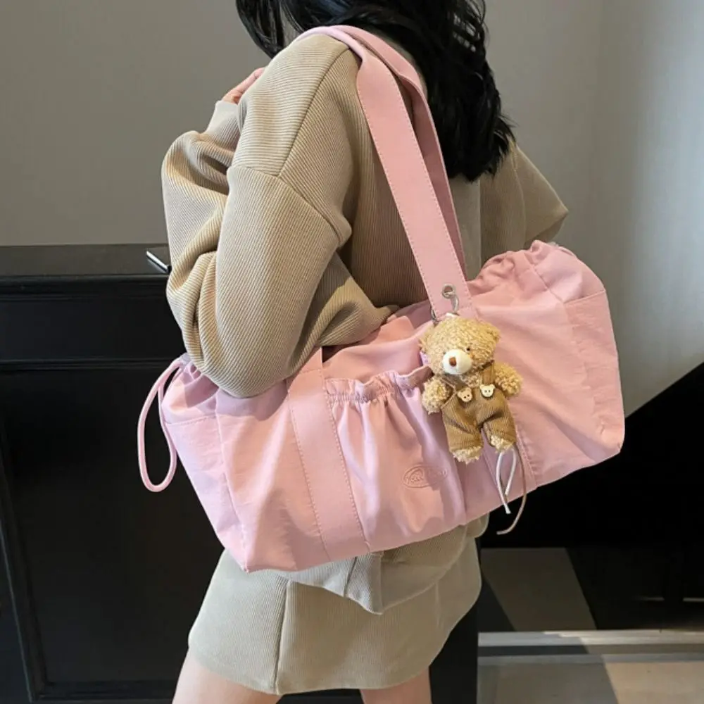 

Портативная милая большая сумка на шнурке, большая вместительная плиссированная нейлоновая сумка на плечо, минималистичная однотонная легкая студенческая сумка