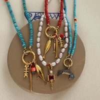 New Retro Artistic Turquoise Freshwater Pearl Beaded Necklace Colorful Fish Pendant Waterproof Metal Accessories 2025 NEW