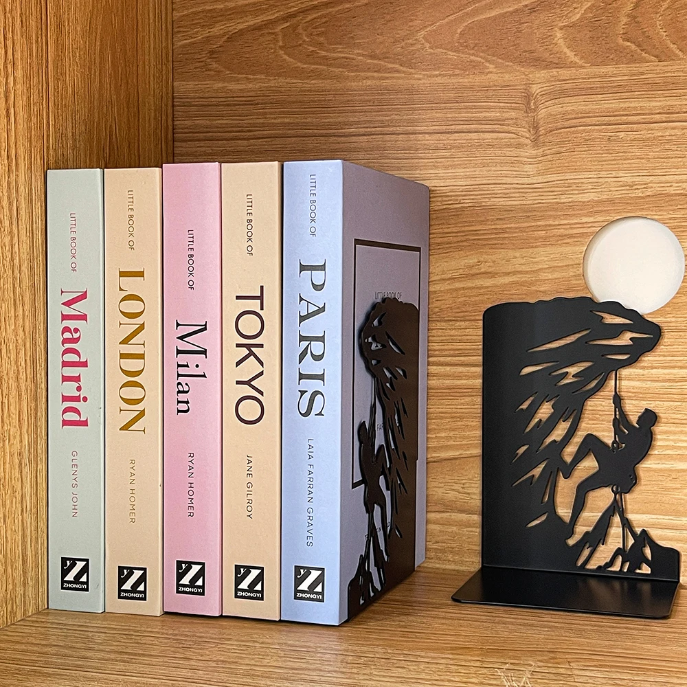 Extreme sports climbing mountain shaped iron heavy-duty bookshelf, decorative book stopper with anti slip base, cool and unique
