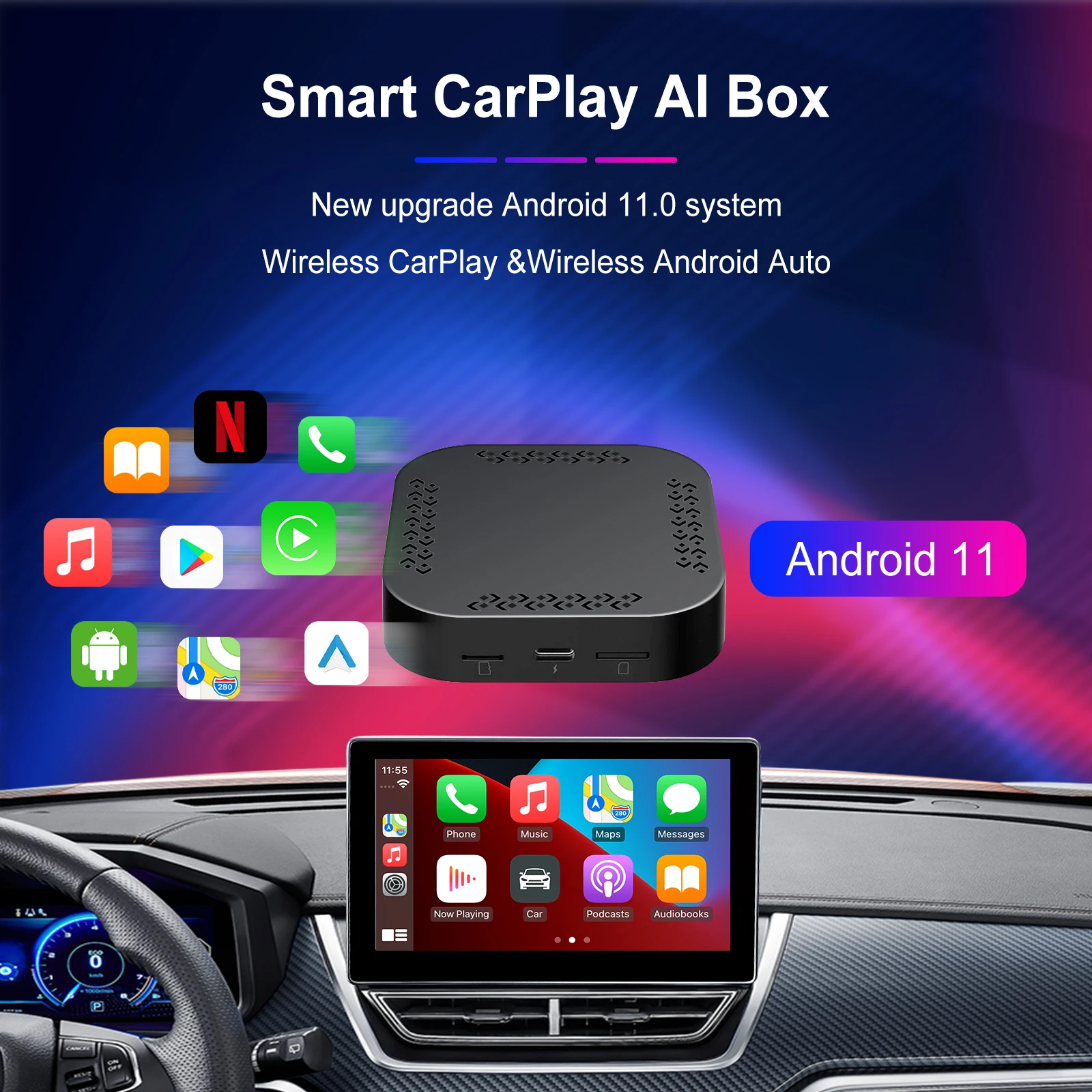 

2026 CarPlay To Android 11 AI Box Wired To Wireless Smart Android System Qualcomm Quad Core 4G+64G High Performance Universal