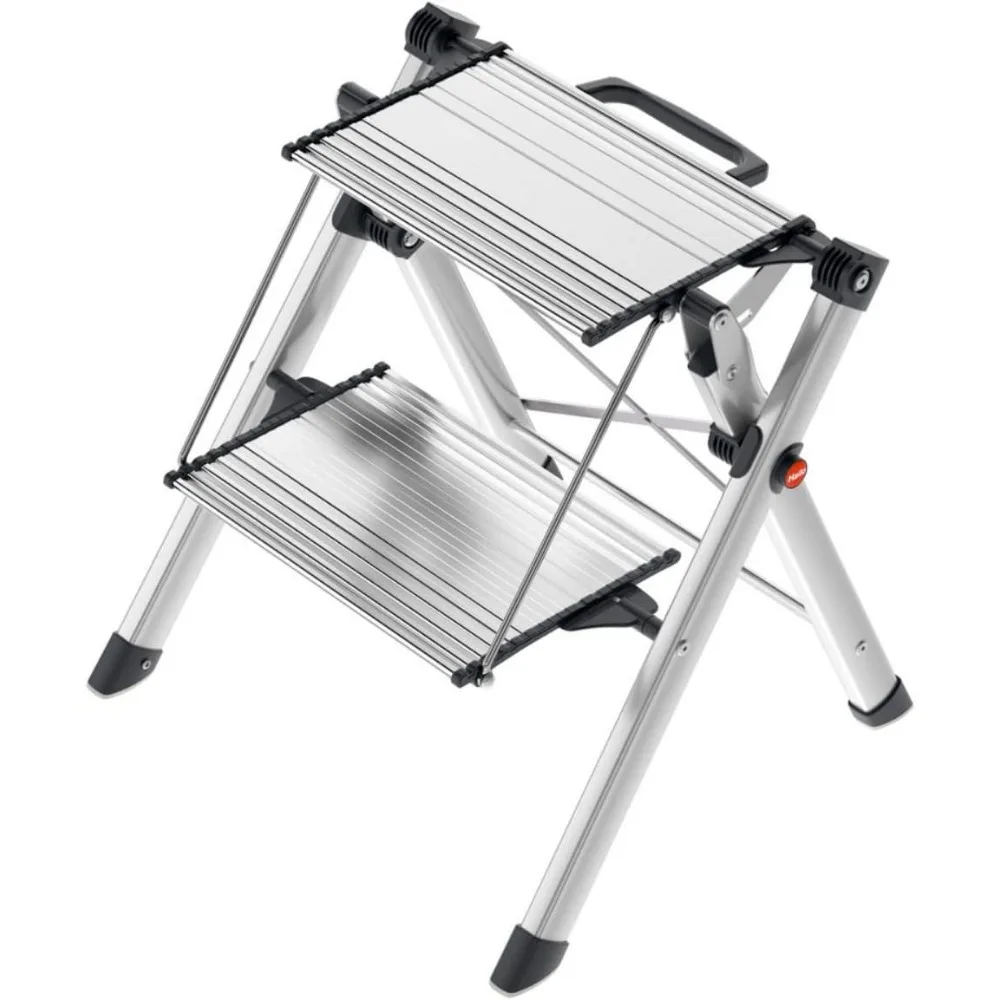 

Mini Steel Step Stool - Two Large Anti-Slip Steps, 330 lb Capacity - Safety Release Button, Carry Handle - Easy Stora