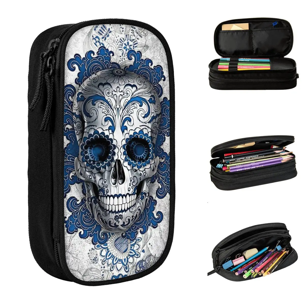 Sugar Skull Halloween Pencil Case New Day of the Dead Pen Holder Bags for Student Big Capacity School Supplies Zipper Pencil Box