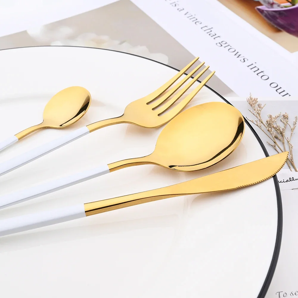 Mirror White Gold Dinnerware 16Pcs Cutlery Set Stainless Steel Silverware Knife Spoon Fork Flatware Dinner Fork Tableware Set