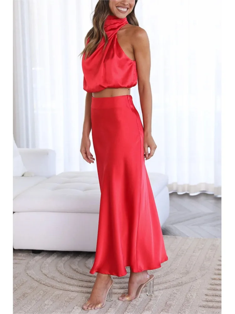 Women\'s Two-Piece Satin Long Skirt Sleeveless Fashion Off The Shoulder Elegant Solid Color Short Top A-line Skirt Two-Piece Set
