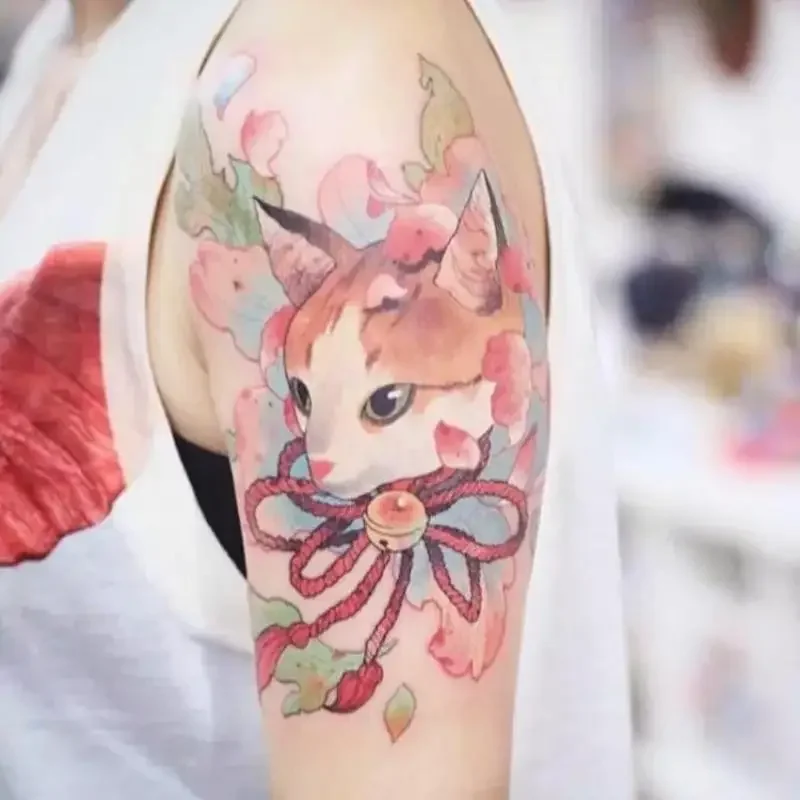 Cartoon Temporary Tattoos Ukiyoe Bell Cat Tatoo Thigh Waist Arm Body Art Waterproof Transfer Fake Tatoo Sticker for Woman Man