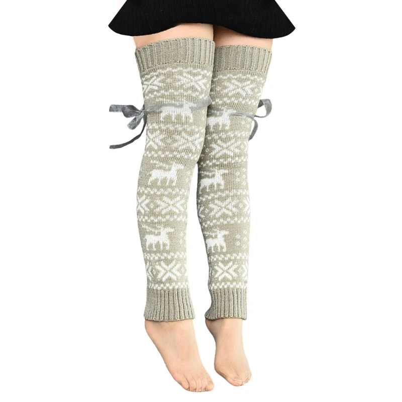 Women Christmas Elk Snowflake Knitted Over Knee Leg Warmers with Straps Thigh High Foot Covers Footless Boot Stockings