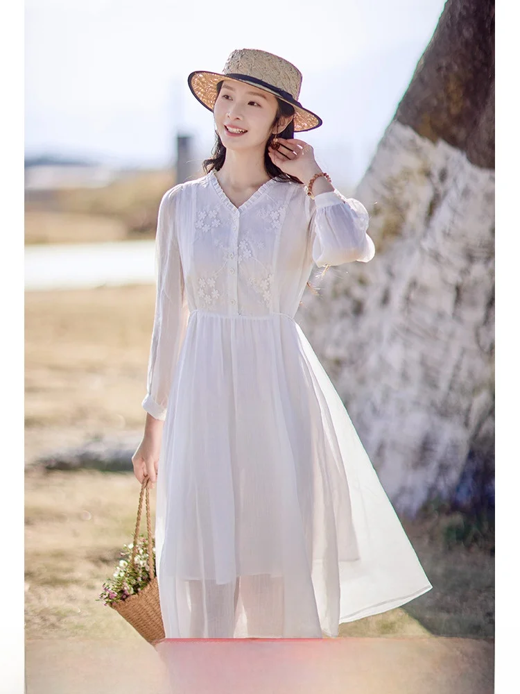 

Red And White Embroidered V-Ne Linen Dr Women's Slimming Ele Spring Faion 2025 New Long Skirt Hardn Index