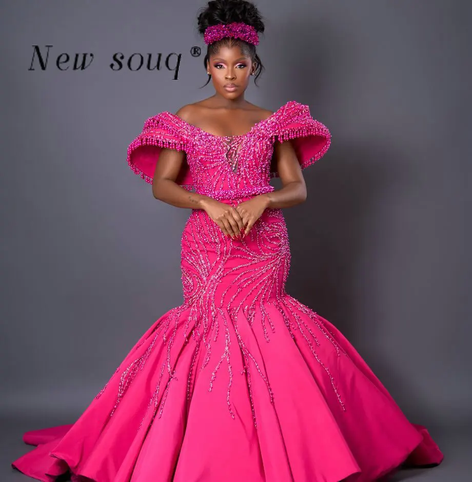 African Plus Size Hot Pink Mermaid Evening Dresses for Black Women Aso Ebi Fuchsia Pearls Beaded Satin Wedding Party Gowns